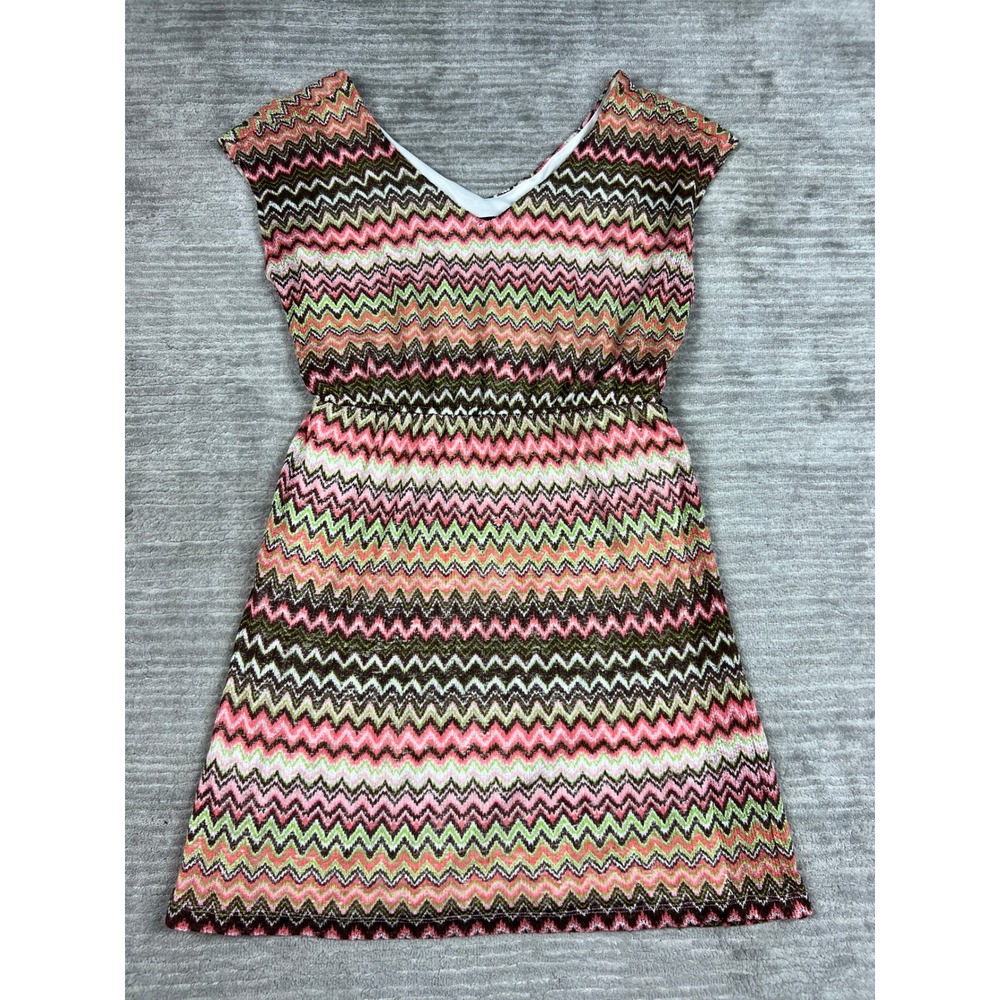 AGB Dress Womens 14 Pink Green Zig Zag Knit V-Neck Sleeveless Fit & Flare Mini